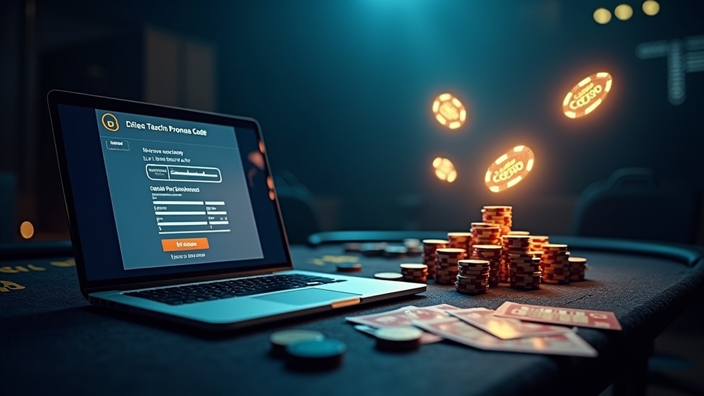 Mesa de casino con cupón promocional y formulario de bono en un portátil