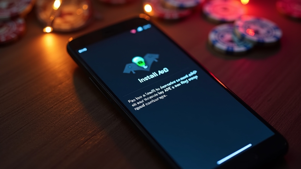 Teléfono Android con pantalla de instalación de APK en ambiente de casino oscuro