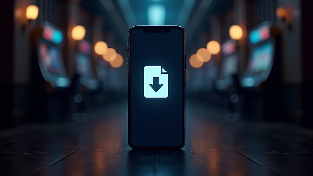 Pantalla de descarga segura en un móvil dentro de un casino oscuro